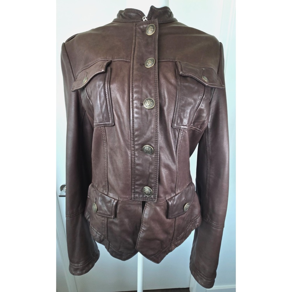 Pacmy Zipped Button Up Front Leather Jacket Dark Brown Military Women Sz 44 XXL